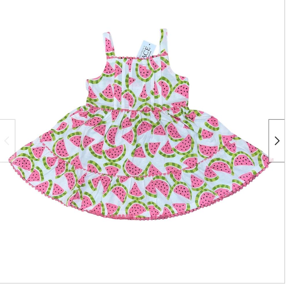 NWT Children's Place White, Pink & Green Watermelon Print Tiered Dress - 6-9M